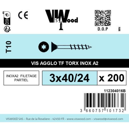 Boite 200 vis agglo 3 x 40/24mm tête Fraisée Torx Inox A2 - Viswood