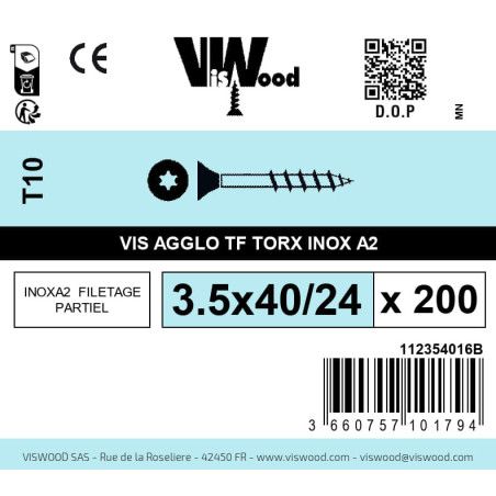 Boite 200 vis agglo 3.5 x 40/24mm tête Fraisée Torx Inox A2 - Viswood