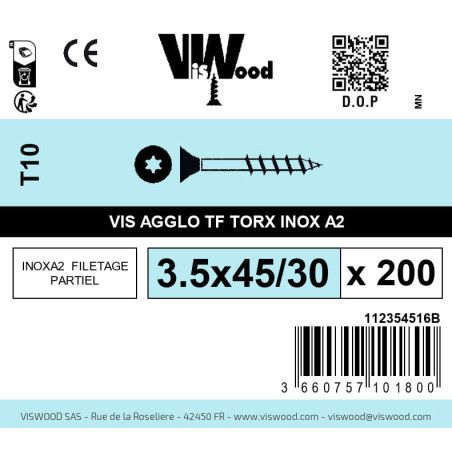 Boite 200 vis agglo 3.5 x 45/30mm tête Fraisée Torx Inox A2 - Viswood