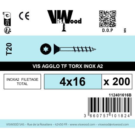 Boite 200 vis agglo 4 x 16mm tête Fraisée Torx Inox A2 - Viswood