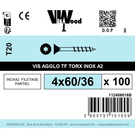 Boite 100 vis agglo 4 x 60/36mm tête Fraisée Torx Inox A2 - Viswood