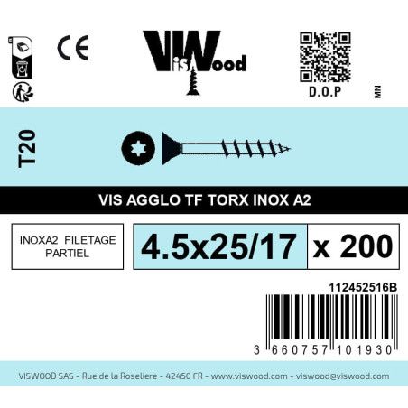 Boite 200 vis agglo 4.5 x 25/17mm tête Fraisée Torx Inox A2 - Viswood