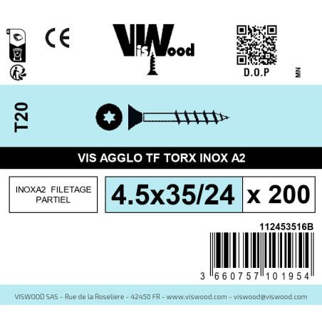 Boite 200 vis agglo 4.5 x 35/24mm tête Fraisée Torx Inox A2 - Viswood
