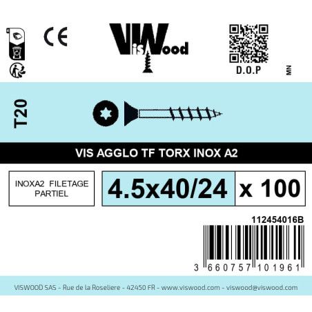 Boite 100 vis agglo 4.5 x 40/24mm tête Fraisée Torx Inox A2 - Viswood