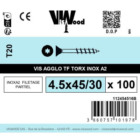 Boite 100 vis agglo 4.5 x 45/30mm tête Fraisée Torx Inox A2 - Viswood