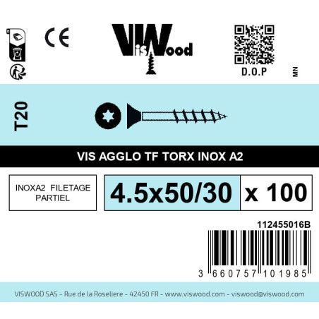 Boite 100 vis agglo 4.5 x 50/30mm tête Fraisée Torx Inox A2 - Viswood