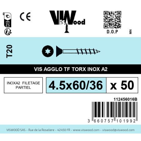 Boite 50 vis agglo 4.5 x 60/36mm tête Fraisée Torx Inox A2 - Viswood