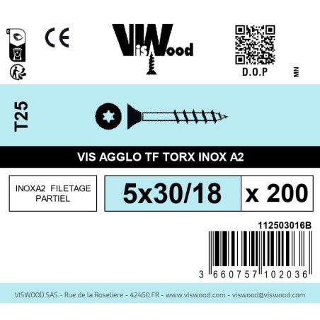 Boite 200 vis agglo 5 x 30/18mm tête Fraisée Torx Inox A2 - Viswood