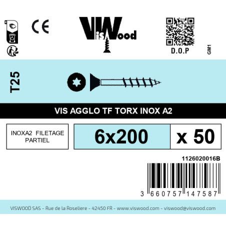 Boite 50 vis agglo 6 x 200mm tête Fraisée Torx Inox A2 - Viswood