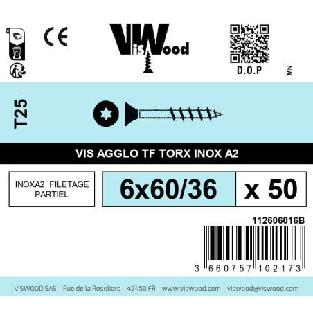 Boite 50 vis agglo 6 x 60/36mm tête Fraisée Torx Inox A2 - Viswood