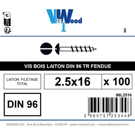 Boite 100 vis bois 2.5 x 16mm tête Ronde Fendue Laiton - Viswood