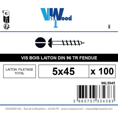 Boite 100 vis bois 5 x 45mm tête Ronde Fendue Laiton - Viswood