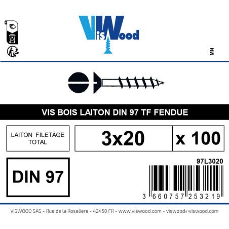 Boite 100 vis bois 3 x 20mm tête fraisée Fendue Laiton - Viswood