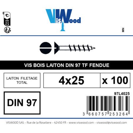 Boite 100 vis bois 4 x 25mm tête fraisée Fendue Laiton - Viswood