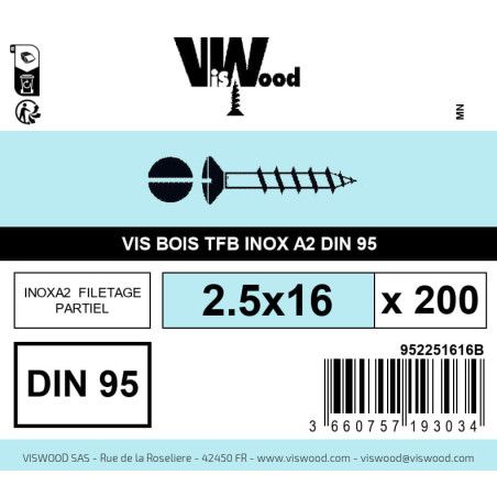 Boite 200 vis bois 2.5 x 16mm tête fraisée bombée Fendue Inox A2 - Viswood