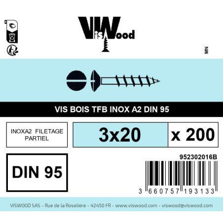 Boite 200 vis bois 3 x 20mm tête fraisée bombée Fendue Inox A2 - Viswood
