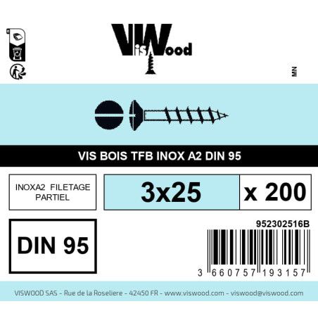 Boite 200 vis bois 3 x 25mm tête fraisée bombée Fendue Inox A2 - Viswood