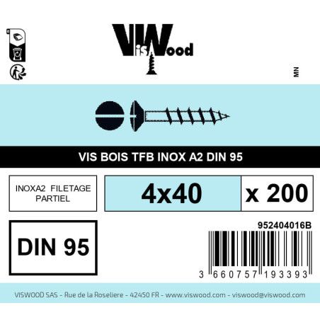 Boite 200 vis bois 4 x 40mm tête fraisée bombée Fendue Inox A2 - Viswood