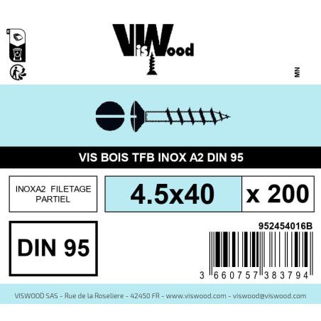 Boite 200 vis bois 4.5 x 40mm tête fraisée bombée Fendue Inox A2 - Viswood