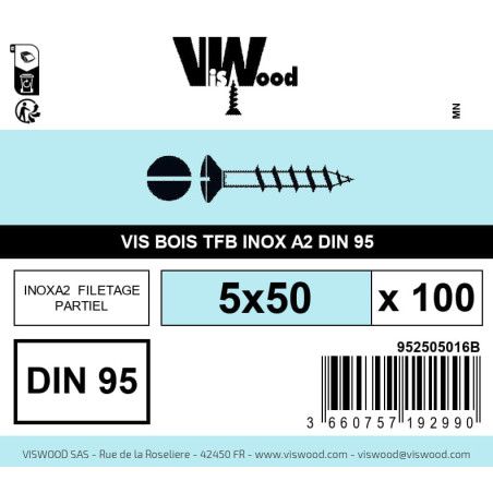 Boite 100 vis bois 5 x 50mm tête fraisée bombée Fendue Inox A2 - Viswood