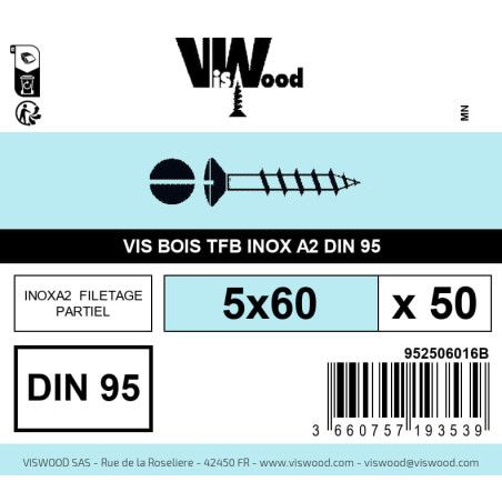 Boite 50 vis bois 5 x 60mm tête fraisée bombée Fendue Inox A2 - Viswood