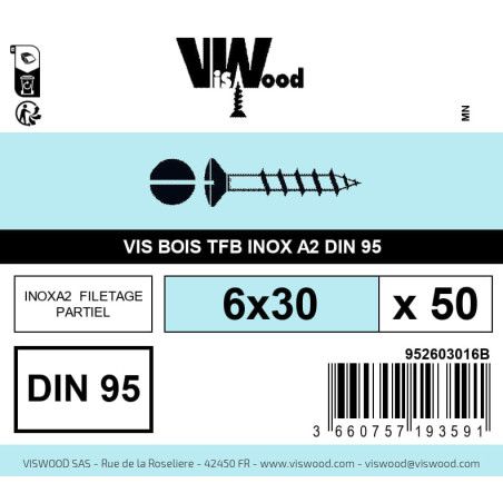 Boite 50 vis bois 6 x 30mm tête fraisée bombée Fendue Inox A2 - Viswood