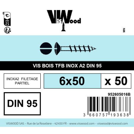 Boite 50 vis bois 6 x 50mm tête fraisée bombée Fendue Inox A2 - Viswood