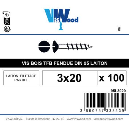 Boite 100 vis bois 3 x 20mm tête fraisée bombée Fendue Laiton - Viswood