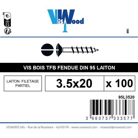 Boite 100 vis bois 3.5 x 20mm tête fraisée bombée Fendue Laiton - Viswood