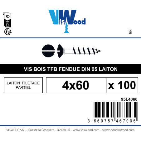 Boite 100 vis bois 4 x 60mm tête fraisée bombée Fendue Laiton - Viswood