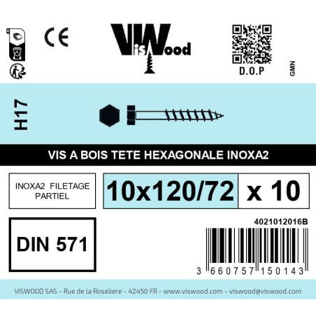 Boite 10 vis bois tirefond 10 x 120/72mm tête hexagonale Inox A2 - Viswood