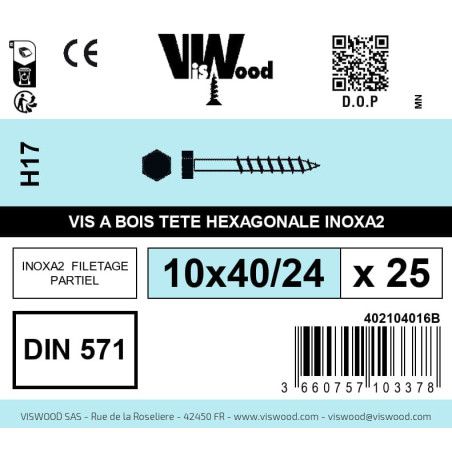 Boite 25 vis bois tirefond 10 x 40/24mm tête hexagonale Inox A2 - Viswood