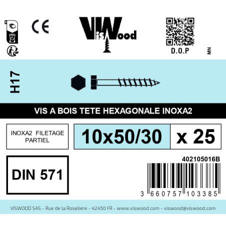 Boite 25 vis bois tirefond 10 x 50/30mm tête hexagonale Inox A2 - Viswood