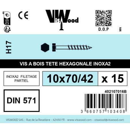 Boite 15 vis bois tirefond 10 x 70/42mm tête hexagonale Inox A2 - Viswood
