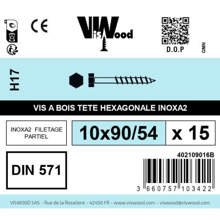 Boite 15 vis bois tirefond 10 x 90/54mm tête hexagonale Inox A2 - Viswood