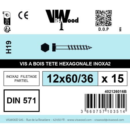 Boite 15 vis bois tirefond 12 x 60/36mm tête hexagonale Inox A2 - Viswood
