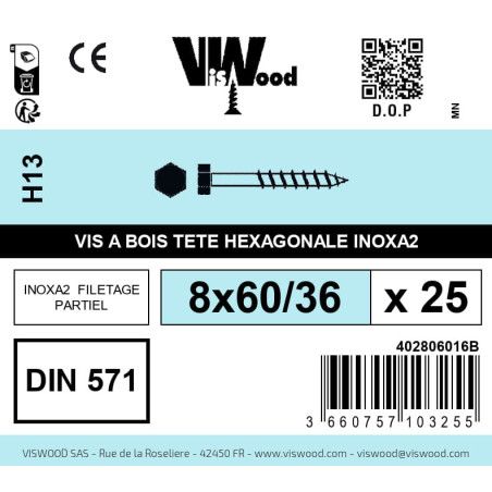Boite 25 vis bois tirefond 8 x 60/36mm tête hexagonale Inox A2 - Viswood
