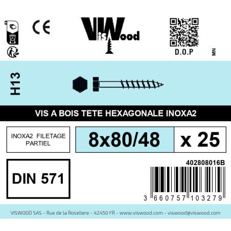 Boite 25 vis bois tirefond 8 x 80/48mm tête hexagonale Inox A2 - Viswood