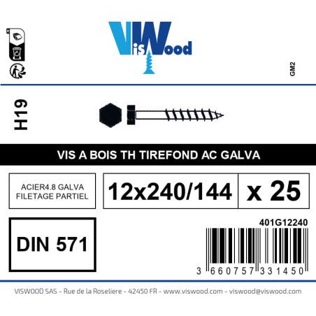 Boite 25 vis bois tirefond 12 x 240/144mm tête hexagonale Acier galvanisé - Viswood