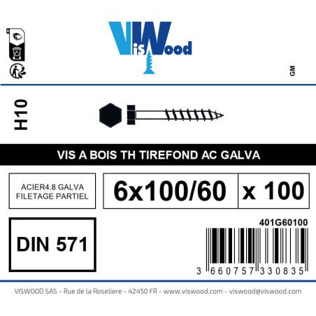 Boite 100 vis bois tirefond 6 x 100/60mm tête hexagonale Acier galvanisé - Viswood