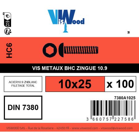 Boite 100 vis métaux 10 x 25mm tête Bombée Hexcreuse acier zingué blanc - Viswood