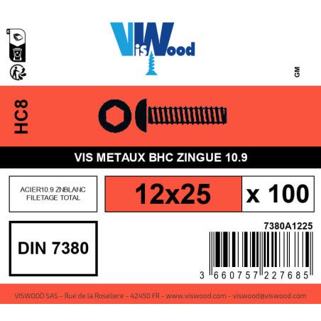 Boite 100 vis métaux 12 x 25mm tête Bombée Hexcreuse acier zingué blanc - Viswood