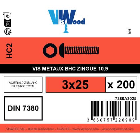 Boite 200 vis métaux 3 x 25mm tête Bombée Hexcreuse acier zingué blanc - Viswood