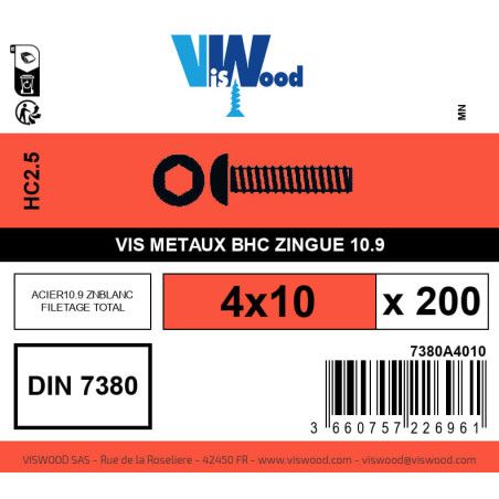Boite 200 vis métaux 4 x 10mm tête Bombée Hexcreuse acier zingué blanc - Viswood