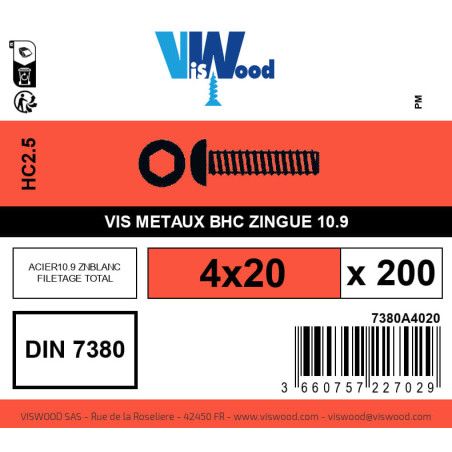 Boite 200 vis métaux 4 x 20mm tête Bombée Hexcreuse acier zingué blanc - Viswood