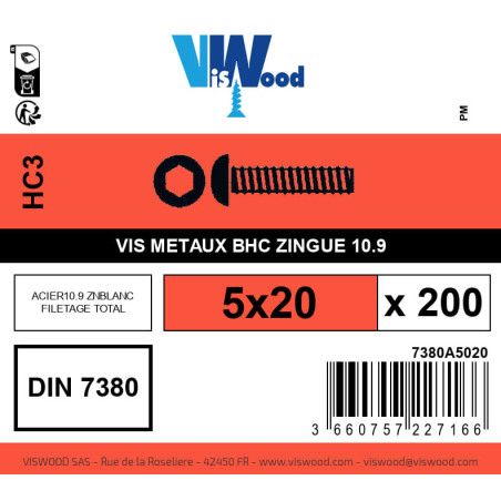 Boite 200 vis métaux 5 x 20mm tête Bombée Hexcreuse acier zingué blanc - Viswood