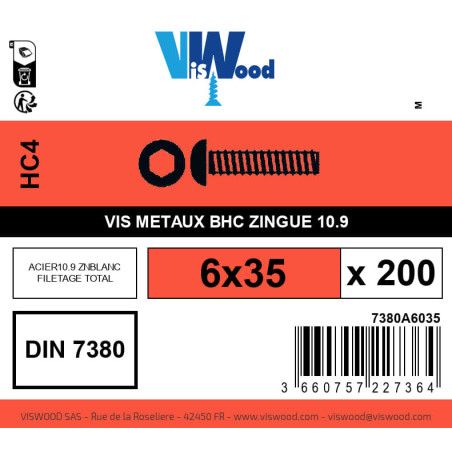 Boite 200 vis métaux 6 x 35mm tête Bombée Hexcreuse acier zingué blanc - Viswood