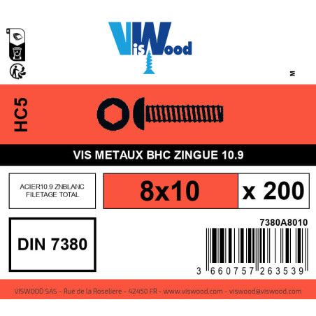 Boite 200 vis métaux 8 x 10mm tête Bombée Hexcreuse acier zingué blanc - Viswood