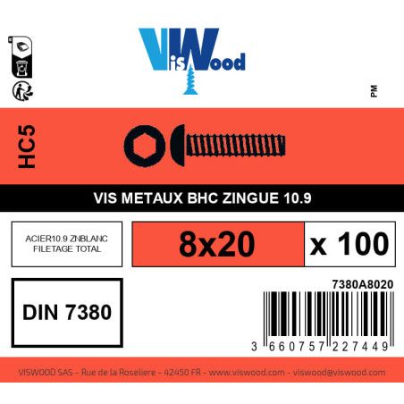 Boite 100 vis métaux 8 x 20mm tête Bombée Hexcreuse acier zingué blanc - Viswood