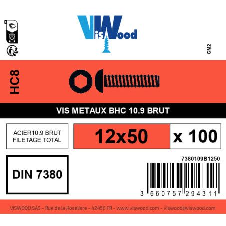 Boite 100 vis métaux 12 x 50mm tête Bombée Hexcreuse acier brut - Viswood